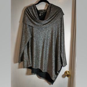 Karen Kane silver sparkly metallic asymmetrical blouse, cowl neckline 2X